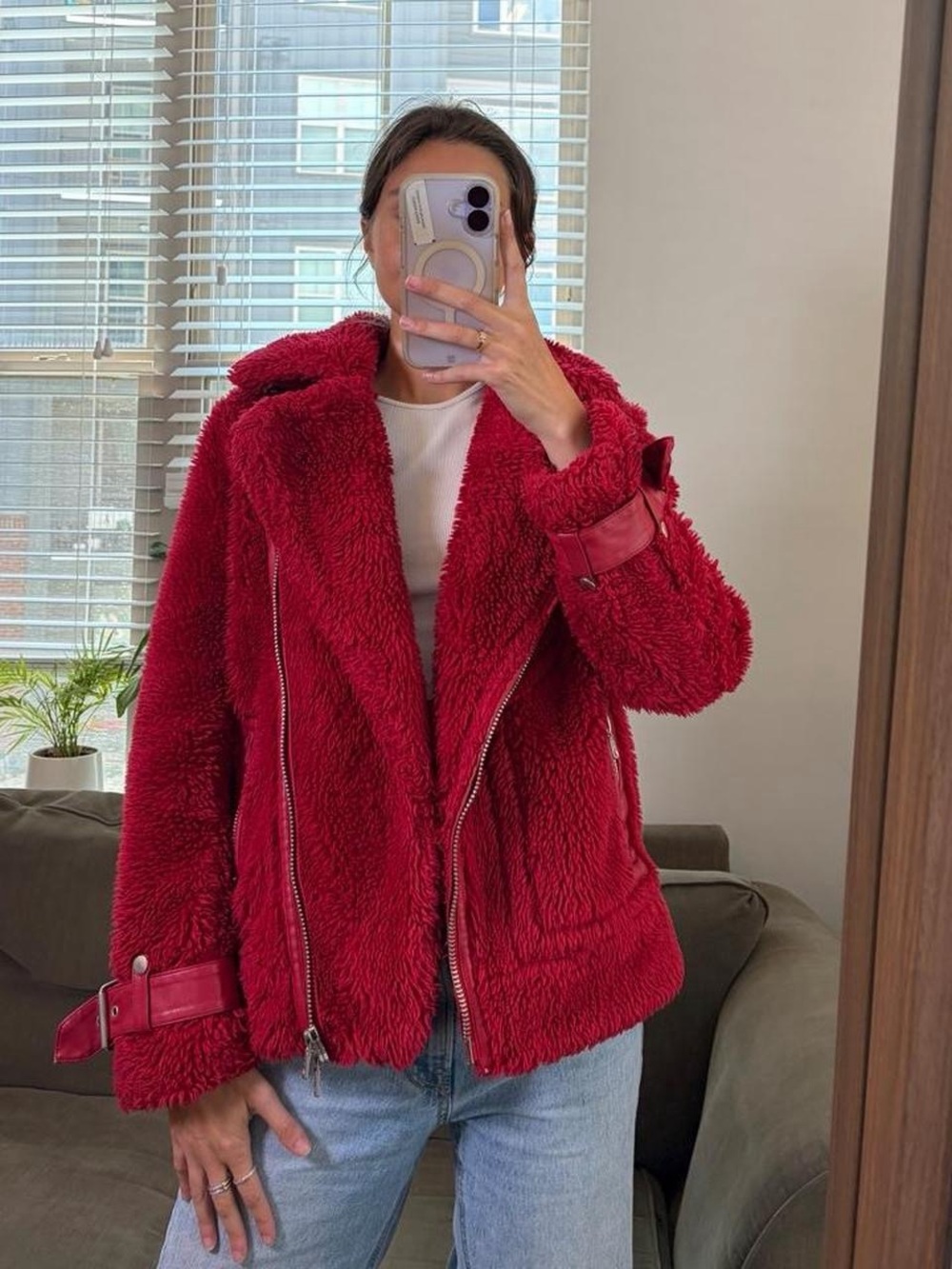 Avec les filles Faux Fur Moto Jacket in red - Picture 3 of 7